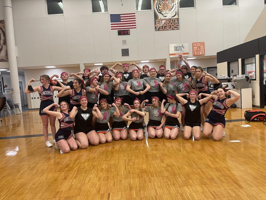 The Ephrata High cheer squad is joined by Ellensburg cheerleaders to show their strength and support for the Coaches vs Cancer basketball game on January 21st.