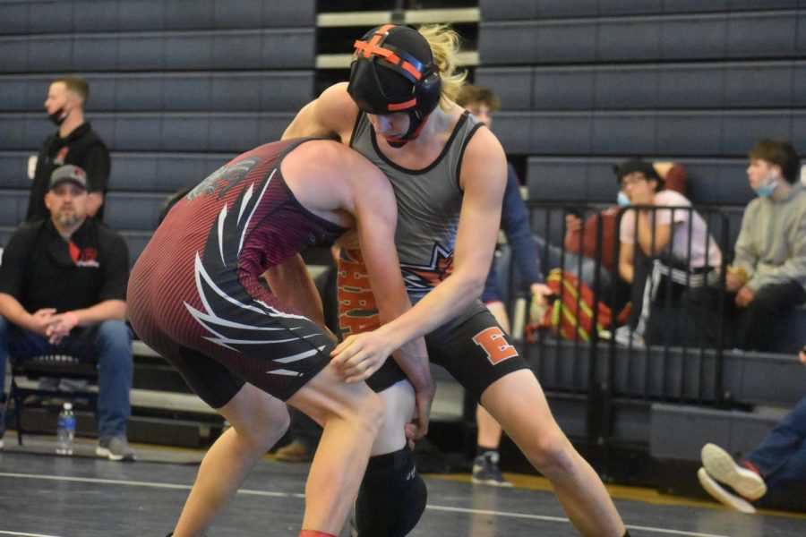 Walker Fulk, sophomore, goes on the offensive during a match at Saturdays regional tournament in Ellensburg.  Fulk would finish 5th. (February 12, 2022)