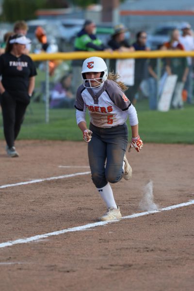 Auddy Gray, junior, heads for home during the Tigers victory over the Prosser Mustangs on Thursday, May 2nd.  The Tigers completed the two game sweep over their league opponent to improve to a 9-3 league record.  